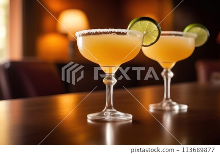 Savor the ambiance with these two elegant margarita glasses, salt-rimmed and garnished with fresh lime 113689877