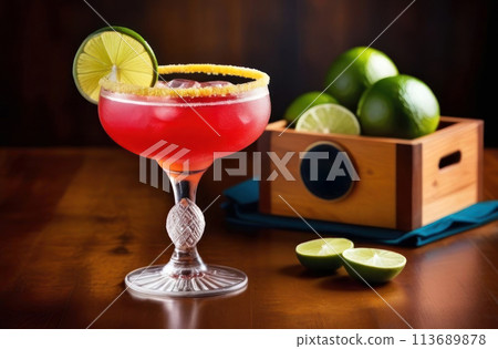 A vibrant cocktail with a lime garnish sits elegantly against fresh limes in a box 113689878