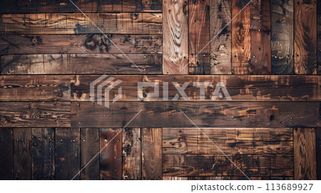 full screen view of retro, worn, cozy wooden planks from a perfect frontal view 113689927