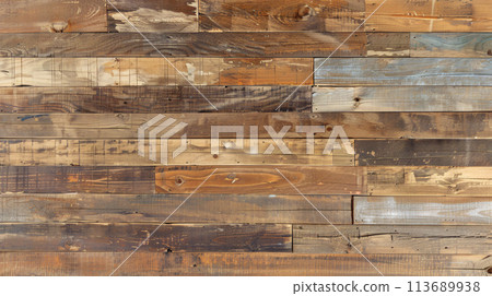 full screen view of retro, worn, cozy wooden planks from a perfect frontal view 113689938