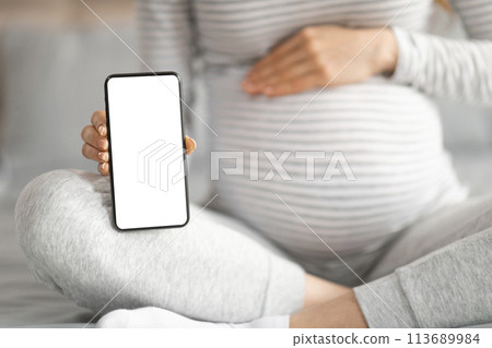 Mother-to-be holding smartphone with copyspace screen Mother-to-be holding smartphone with copyspace screen 113689984