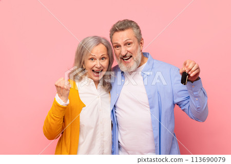 Joyful senior couple holding new car keys gesturing yes, studio Joyful senior couple holding new car keys gesturing yes, studio 113690079