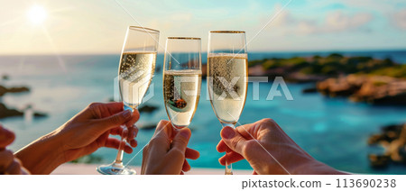 Celebratory Champagne Toast at Seaside Sunset 113690238