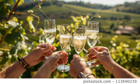 Wine Tasting in Vineyard at Sunset 113690239