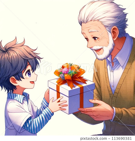 男孩給爺爺送生日禮物 113690381