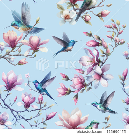 Seamless pattern with floral romantic elements, Colibri for your design. Humming birds and watercolor magnolia flowers. 113690455
