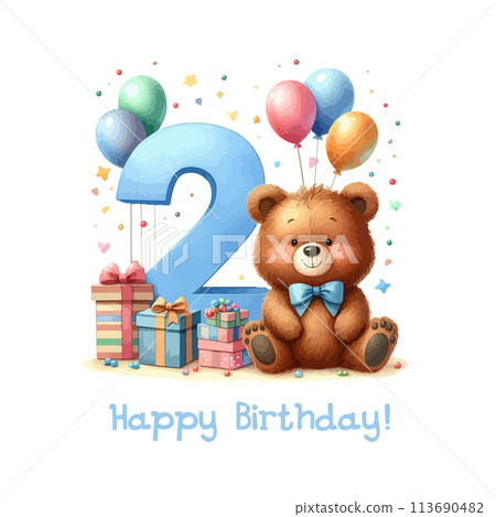 Watercolor birthday card with big number two and gift boxes. 113690482