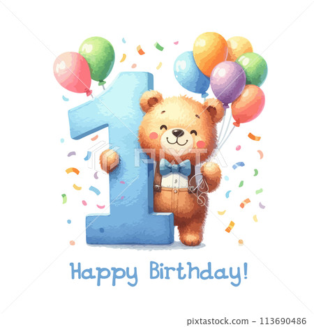 Watercolor birthday card with big number one and gift boxes. Watercolor birthday card with big number one and gift boxes. 113690486