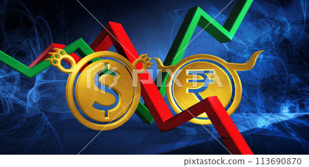 bullish inr to bearish usd currency. foreign exchange market 3d illustration of indian rupee to united states dollar. money represented as golden coins bullish inr to bearish usd currency. foreign exchange market 3d illustration of indian rupee to united states dollar. money represented as golden coins 113690870