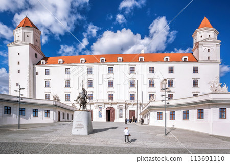 Bratislava Castle or Bratislavsky Hrad in Bratislava, capital city of Slovakia during spring day. Bratislava Castle is on hill above the Danube river. 113691110
