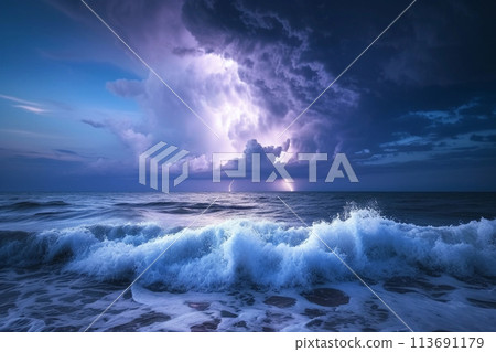 Stormy clouds, sun and rain over the ocean 113691179