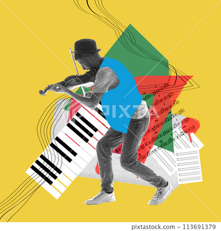 Monochrome textured image of young man playing violin on abstract yellow background. Contemporary art collage. 113691379