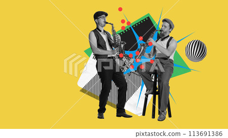 Two men playing saxophone on abstract yellow background. Soulful sounds of jazz. Contemporary art collage. Two men playing saxophone on abstract yellow background. Soulful sounds of jazz. Contemporary art collage. 113691386