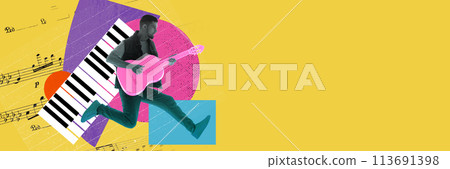 Energy of live performances. Young talented man jumping and playing guitar in abstract colorful background. Contemporary art collage. 113691398