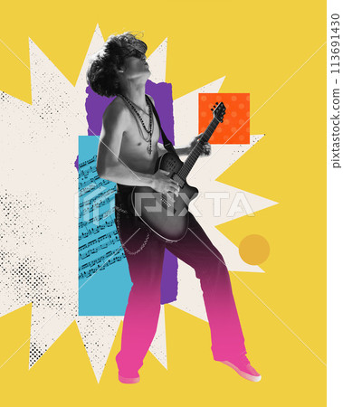 Magic of live music. Talented young man, guitarist lost in performance, playing guitar on abstract background. Contemporary art collage. 113691430