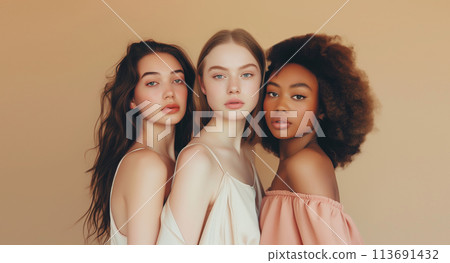 Group of beautiful multiethnic young women together, diverse models posing on studio background 113691432