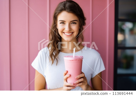 Happy young woman with cup of fresh pink smoothie drink with berries, nutrition and diet concept 113691444