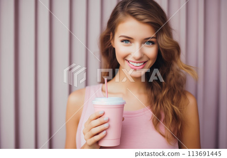 Happy young woman with cup of fresh pink smoothie drink with berries, nutrition and diet concept 113691445