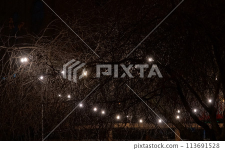 Kiev, Ukraine December 12, 2019: Night garlands and festive lighting of the city of Kiev Kiev, Ukraine December 12, 2019: Night garlands and festive lighting of the city of Kiev 113691528