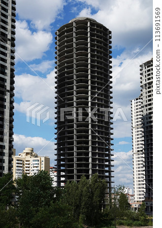 Kiev, Ukraine July 24, 2020: Abandoned unfinished, apartment, high-rise buildings in Kiev Kiev, Ukraine July 24, 2020: Abandoned unfinished, apartment, high-rise buildings in Kiev 113691569