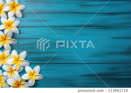 tropical frangipani flowers on wooden table background with copy space 113691719