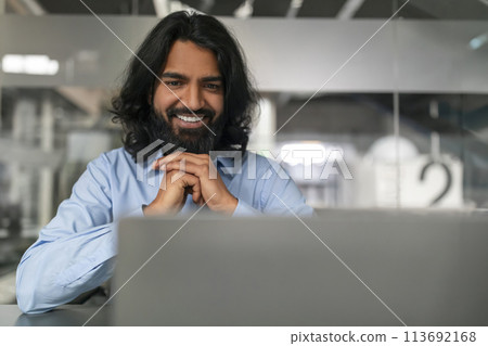Man with headset in video call Man with headset in video call 113692168