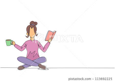 Single continuous line drawing clever woman sitting cross-legged reading book. Accompanied by mug of coffee to make reading more interesting. Knowledge. Calmness. One line design vector illustration 113692225