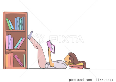 Continuous one line drawing woman lying on back reading fiction story book near bookcase. Read slowly to enjoy storyline. Hobby reading. Very good habit. Single line draw design vector illustration 113692244