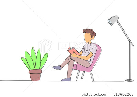 Single one line drawing smart man sitting reading in a room with a reading lamp. Spending the holidays increasing knowledge by reading books. Love reading. Continuous line design graphic illustration 113692263