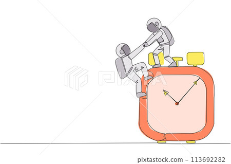 Single continuous line drawing young astronaut helps colleague climb big alarm clock. Helping coworkers. Deadline is coming. Work together for better end result. One line design vector illustration 113692282