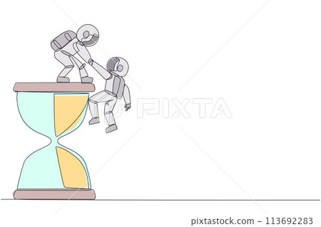 Continuous one line drawing young astronaut helps colleague climb big hourglass. Have many assignment deadlines. Sharing with colleague will become easier. Single line draw design vector illustration 113692283