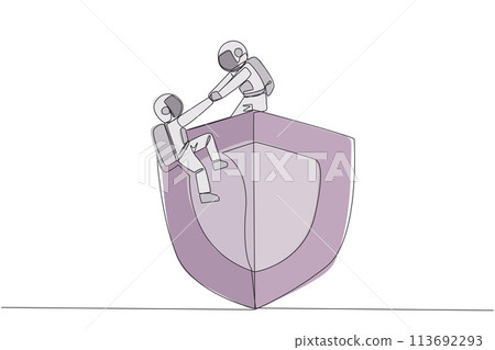 Continuous one line drawing young astronaut helps colleague climbs big shield. Teamwork keeps colleagues safe from evil astronaut. Helping each other. Single line draw design vector illustration Continuous one line drawing young astronaut helps colleague climbs big shield. Teamwork keeps colleagues safe from evil astronaut. Helping each other. Single line draw design vector illustration 113692293
