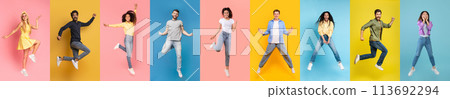 Vibrant Collage of Diverse People Jumping Against Colorful Backdrops Vibrant Collage of Diverse People Jumping Against Colorful Backdrops 113692294