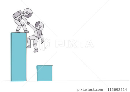 Single continuous line drawing young astronaut helps colleague climb big bar graph. Helps to climb to higher ground. Move forward and success together. Teamwork. One line design vector illustration 113692314