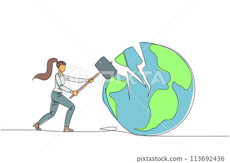 Continuous one line drawing businesswoman preparing to hit the big globe. Disappointed with the world. Businesses fall apart before it grow. Deepest anger. Single line draw design vector illustration Continuous one line drawing businesswoman preparing to hit the big globe. Disappointed with the world. Businesses fall apart before it grow. Deepest anger. Single line draw design vector illustration 113692436