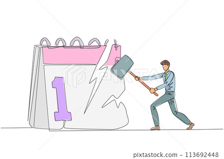 Single one line drawing businessman preparing to hit the big desk calendar. Very angry expression. Lots of deadlines, holiday schedules become messy. Irate. Continuous line design graphic illustration 113692448