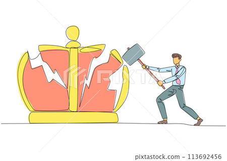 Single continuous line drawing businessman preparing to hit big crown. Rampage. Destroying the symbols of authoritarian kingdom. Expect justice for business people. One line design vector illustration 113692456