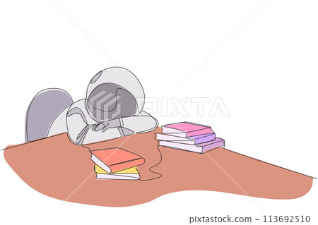 Single continuous line drawing astronaut asleep at table where there were piles of books. Tired after successfully finish favorite reading book. Love reading. One line design vector illustration Single continuous line drawing astronaut asleep at table where there were piles of books. Tired after successfully finish favorite reading book. Love reading. One line design vector illustration 113692510