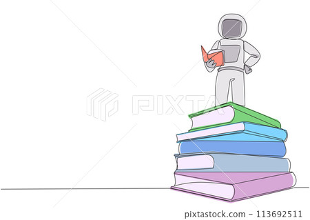 Continuous one line drawing astronaut standing on a pile of books reading the fiction story book. Intrigued by book series. Read anywhere to finish reading. Single line draw design vector illustration Continuous one line drawing astronaut standing on a pile of books reading the fiction story book. Intrigued by book series. Read anywhere to finish reading. Single line draw design vector illustration 113692511