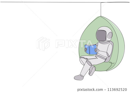 Continuous one line drawing astronaut sitting relax in hanging chair reading book. Spending weekend reading the favorite fiction story book. Love reading. Single line draw design vector illustration 113692520