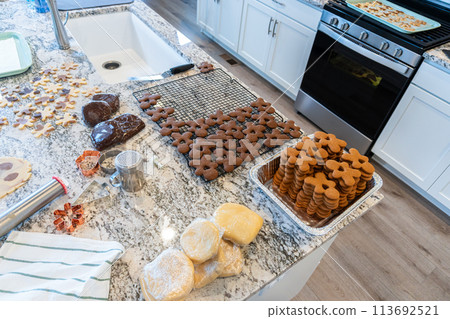 Freshly baked gingerbread cookies find their place on a cooling wire rack in a modern white kitchen, filling the air with festive aromas. 113692521