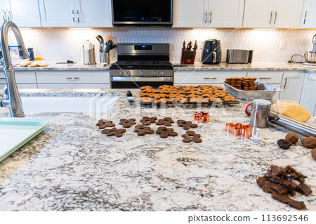 In a contemporary white kitchen, gingerbread cookie dough is skillfully rolled out, setting the stage for a delightful holiday treat. 113692546