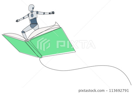 Single one line drawing smart robotic standing on large flying open book. Like riding a cloud, able to fly as high as possible. Reading increase insight. Continuous line design graphic illustration 113692791