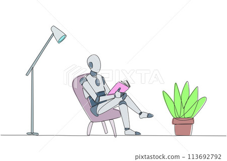 Single continuous line drawing smart robot sitting reading in room with the reading lamp. Spending holidays increasing knowledge by reading the books. Love reading. One line design vector illustration 113692792