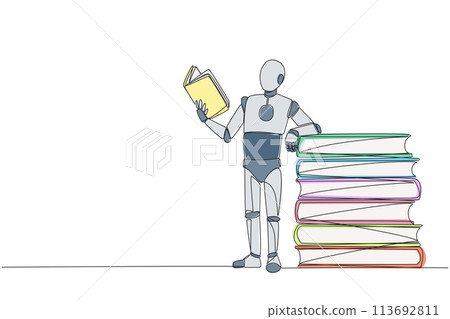 Single continuous line drawing smart robot standing reading book while leaning against a pile of large books. Hobby of reading anywhere. Very happy when reading. One line design vector illustration 113692811