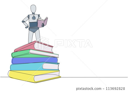 Single continuous line drawing smart robotic standing on a pile of books reading the fiction story book. Intrigued by book series. Read anywhere to finish reading. One line design vector illustration 113692828