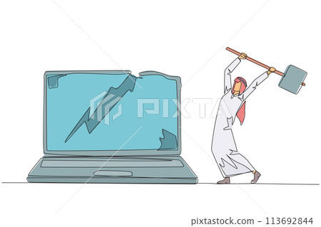 Single one line drawing Arab businessman preparing to hit laptop. Rampage. Destroying technology that cannot used optimally. Upgrade hardware and brainware. Continuous line design graphic illustration Single one line drawing Arab businessman preparing to hit laptop. Rampage. Destroying technology that cannot used optimally. Upgrade hardware and brainware. Continuous line design graphic illustration 113692844