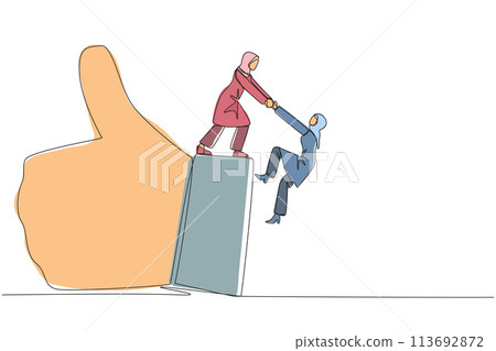 Single one line drawing Arab businesswoman helps colleague climb finger gesture thumbs up. Working together towards success. Positive vibes. Cohesiveness. Continuous line design graphic illustration 113692872