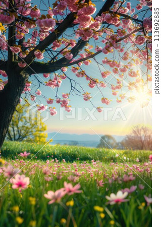 Beautiful spring landscape with blooming sakura tree on meadow 113692885