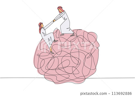 Single continuous line drawing Arab businessman helps colleague climb big heavy messy circle. Teamwork eliminates anxiety. Eliminate stress to focus on business. One line design vector illustration 113692886